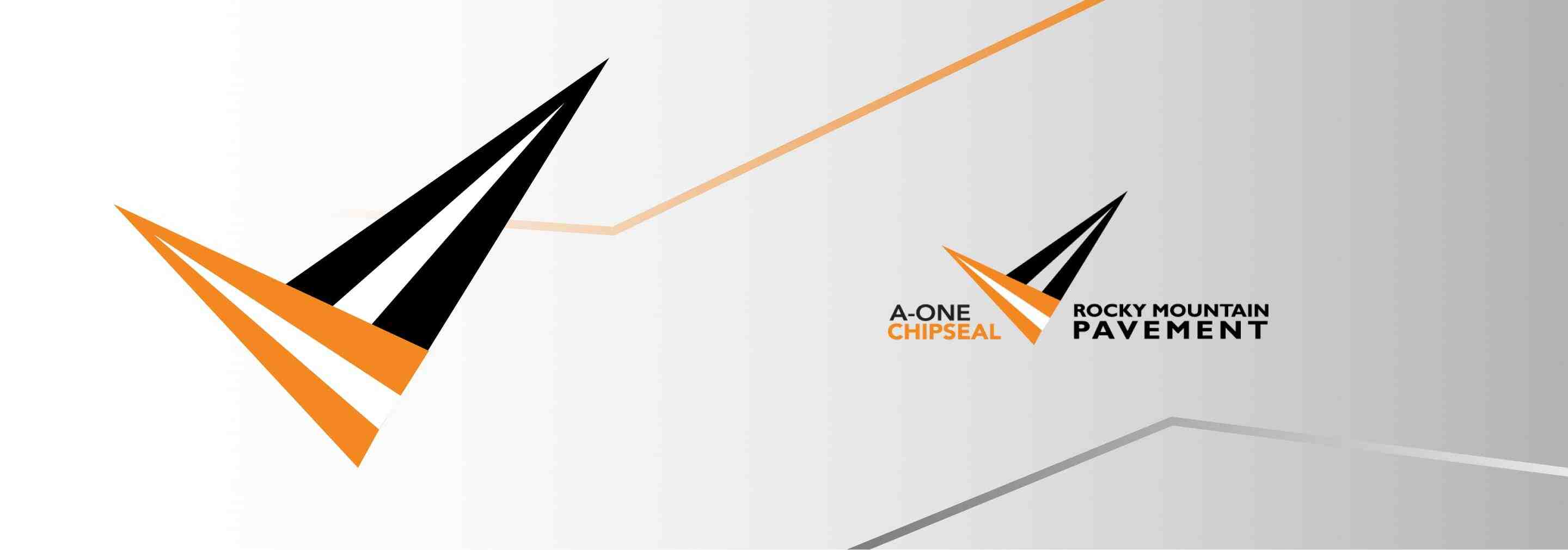 A-One Chipseal and Rocky Mountain Pavement next to the logo with a larger logo to the side and a gray gradient background with orange and silver geometric lines in the background