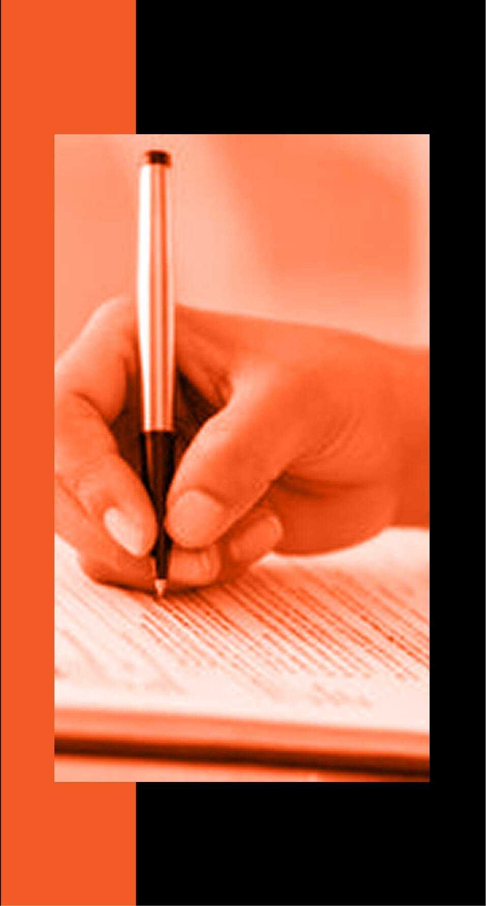 A hand holding a pen writing on a document with an orange filter and black and orange background