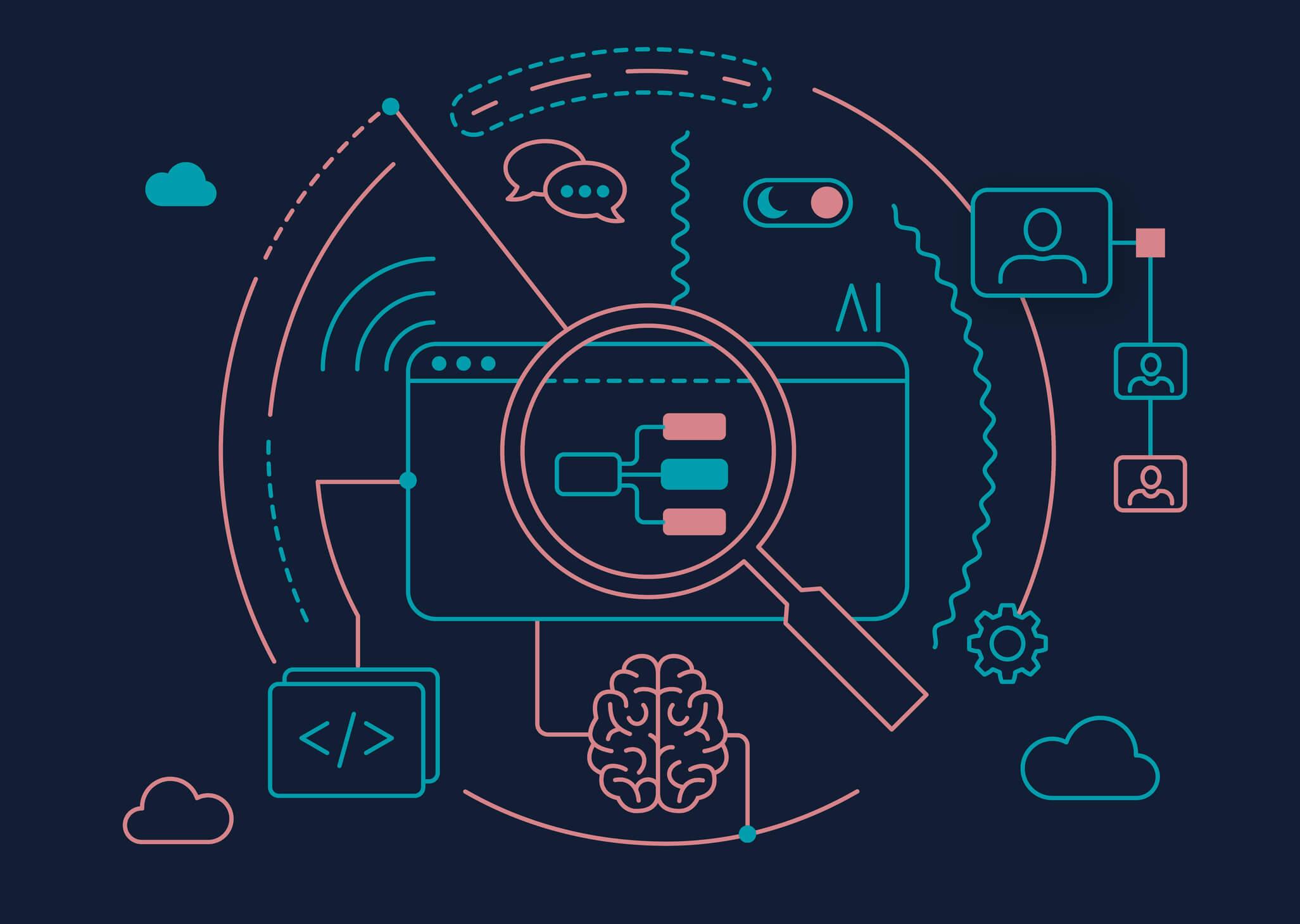 illustration of AI analyzing a website interface with a magnifying glass, code symbols, cloud data, and neural network elements, representing fast websites enabling reliable AI content retrieval and rendering stability