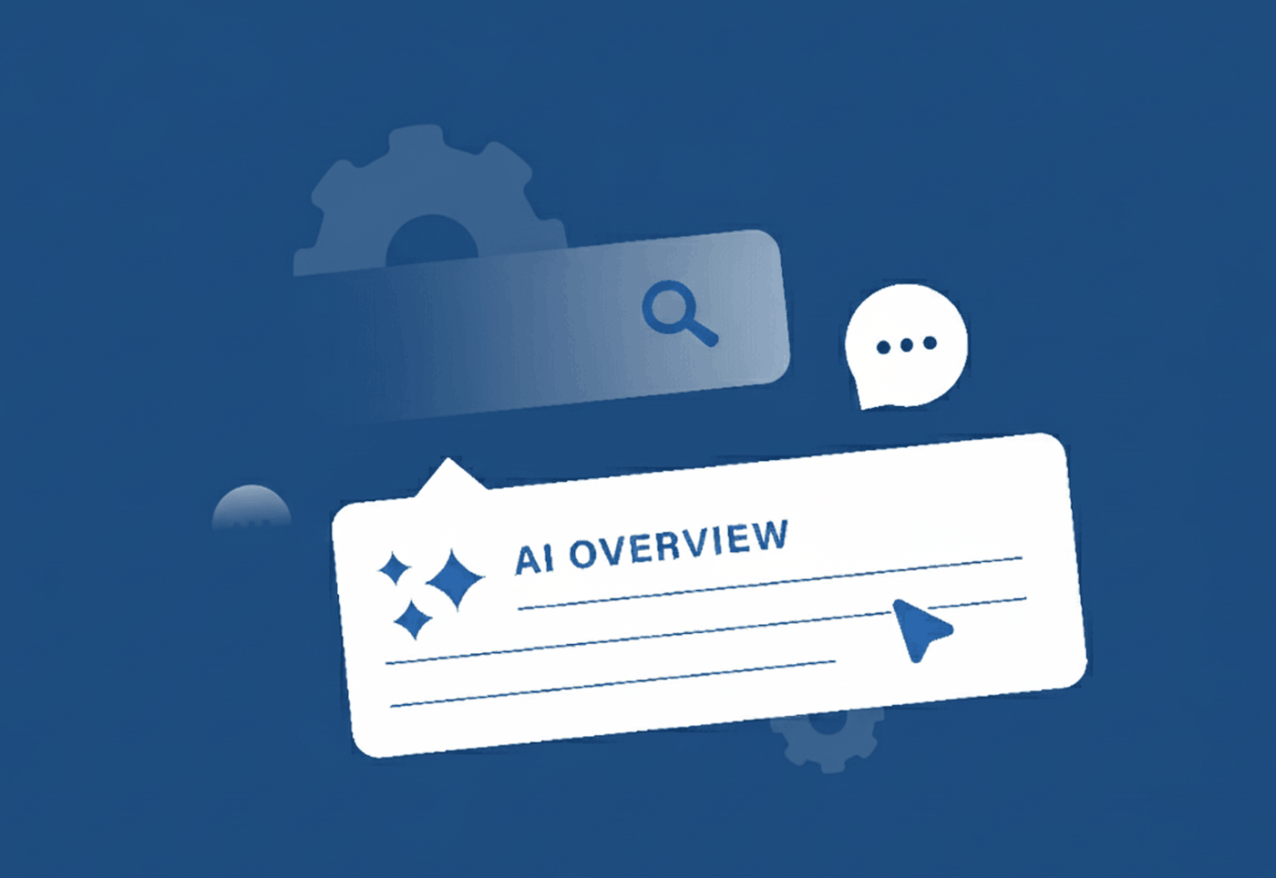 blue digital interface with a central card labeled ai overview surrounded by icons for search messaging and settings representing an ai powered dashboard for navigating tools and information