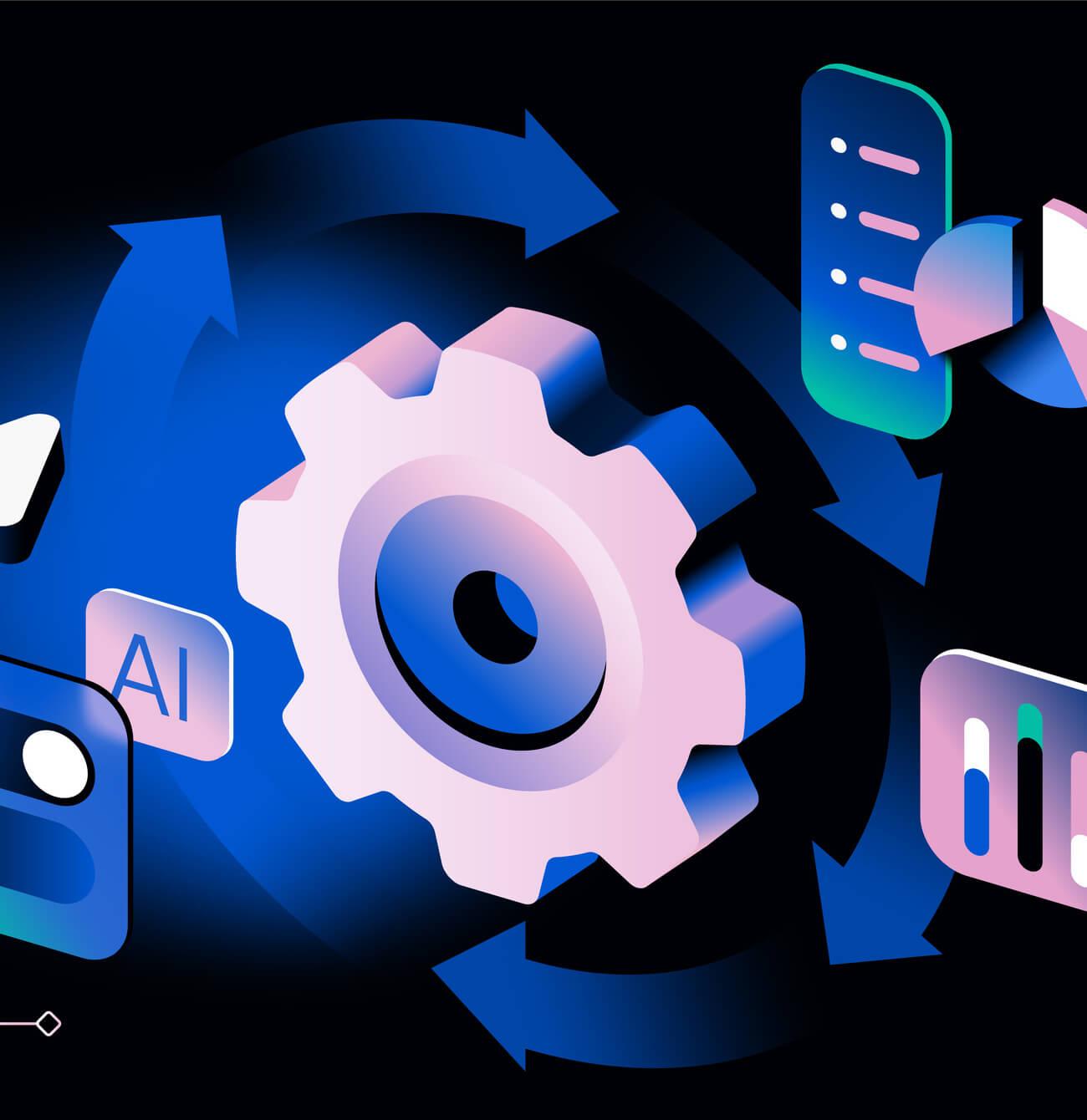 abstract illustration showing a central gear surrounded by AI and data icons, representing how technical systems process information for search and performance optimization.