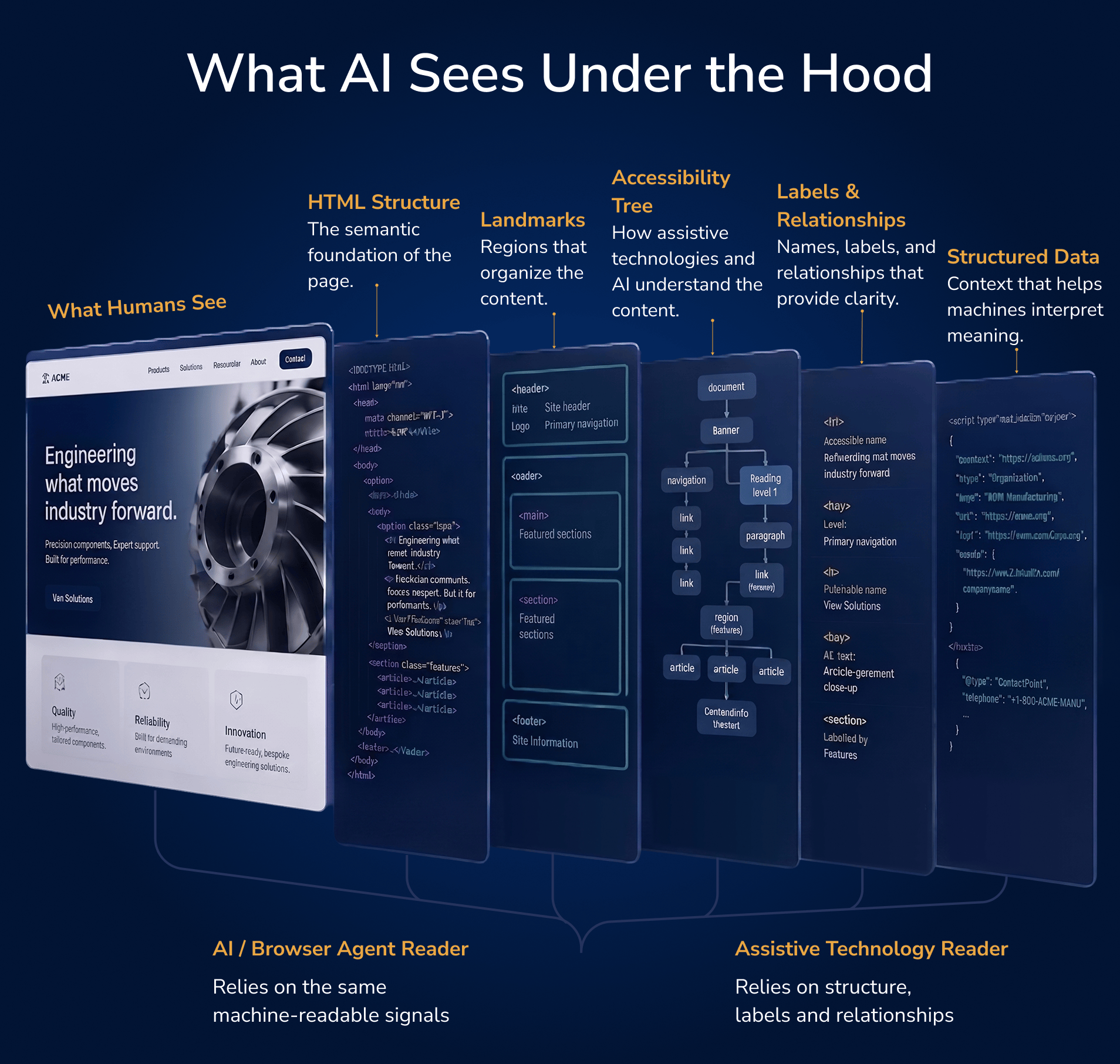horizontal graphic showing a website's visual interface alongside its HTML structure, landmarks, accessibility tree, labels and relationships, and structured data, illustrating how machine-readable signals help AI and assistive technologies interpret web content