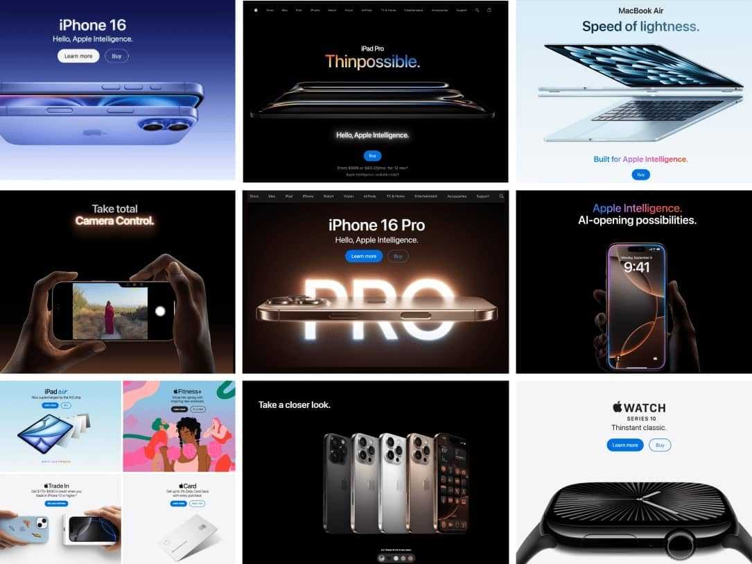 collection of nine images of the Apple website showing consistent design principles