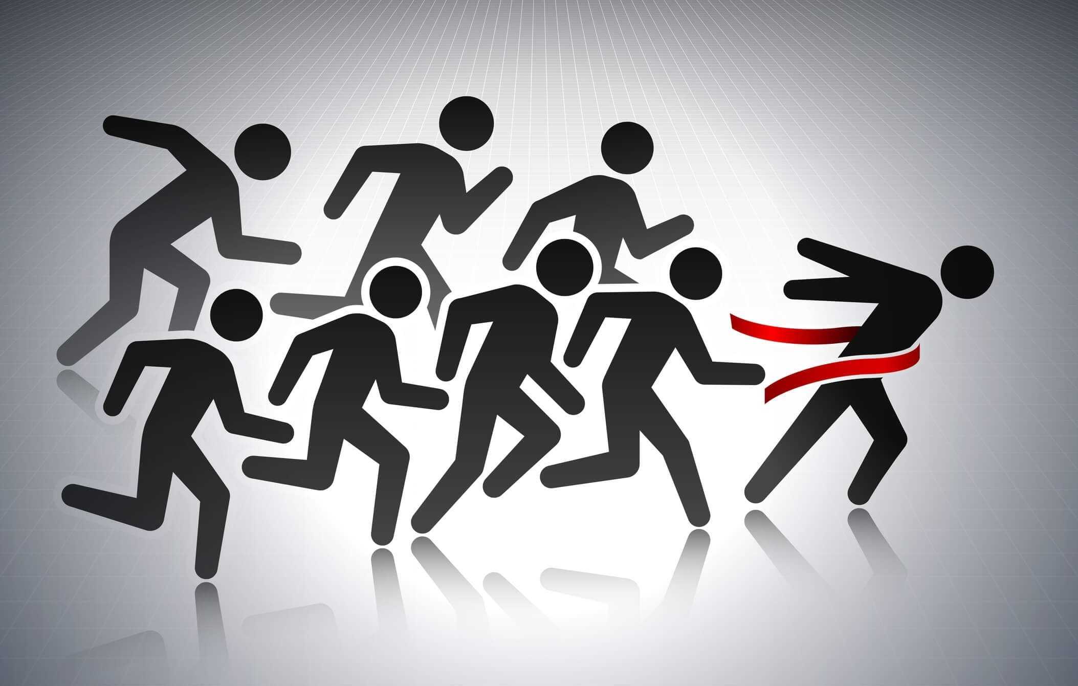 racers running with one breaking the finish line tape while others fall behind symbolizing companies outpacing competitors in digital performance