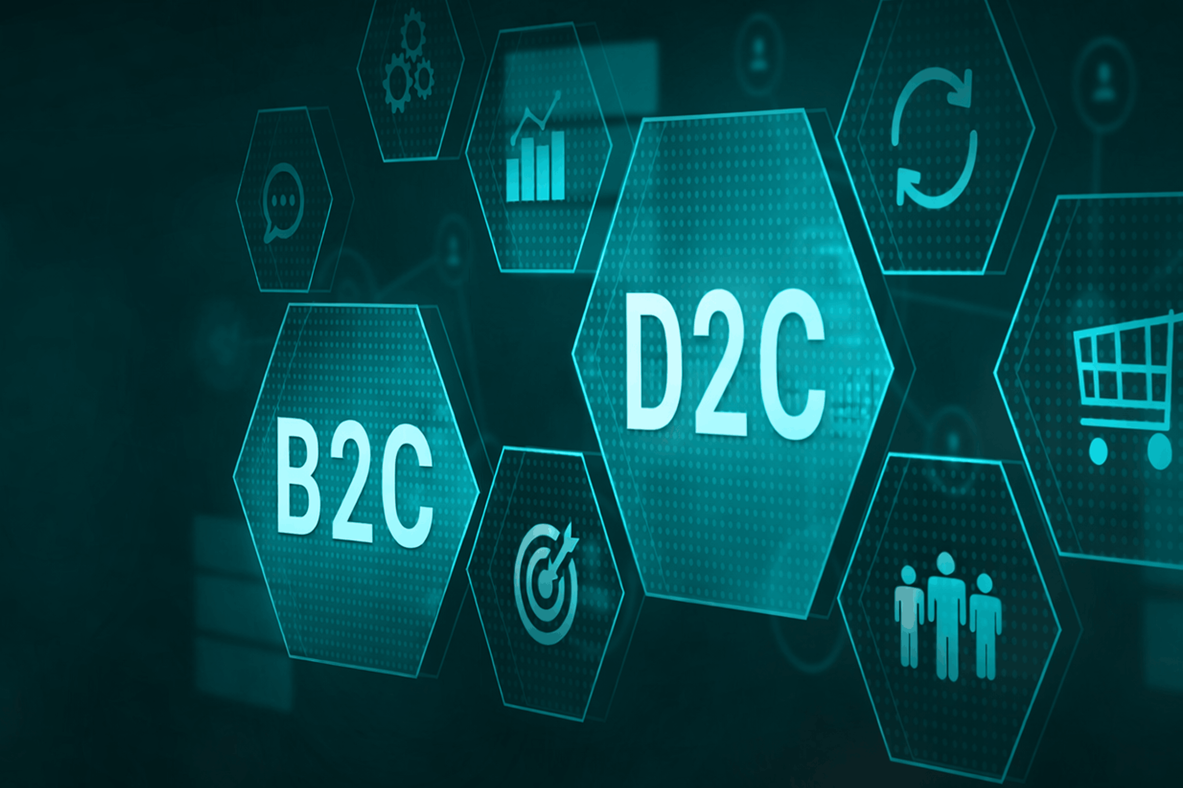 digital interface with hexagonal icons highlighting B2C and D2C, surrounded by shopping cart, analytics, gear, and customer symbols representing modern e-commerce models
