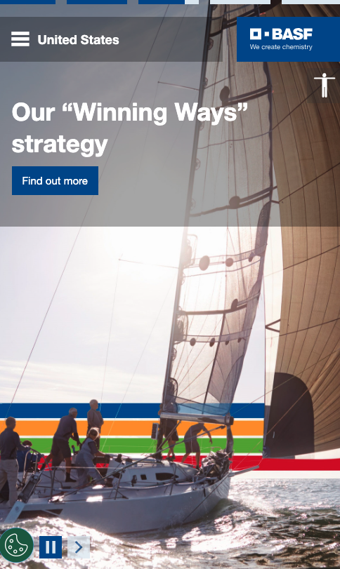 mobile vertical oriented screenshot of the BASF homepage showing how responsive design renders visual and navigational elements