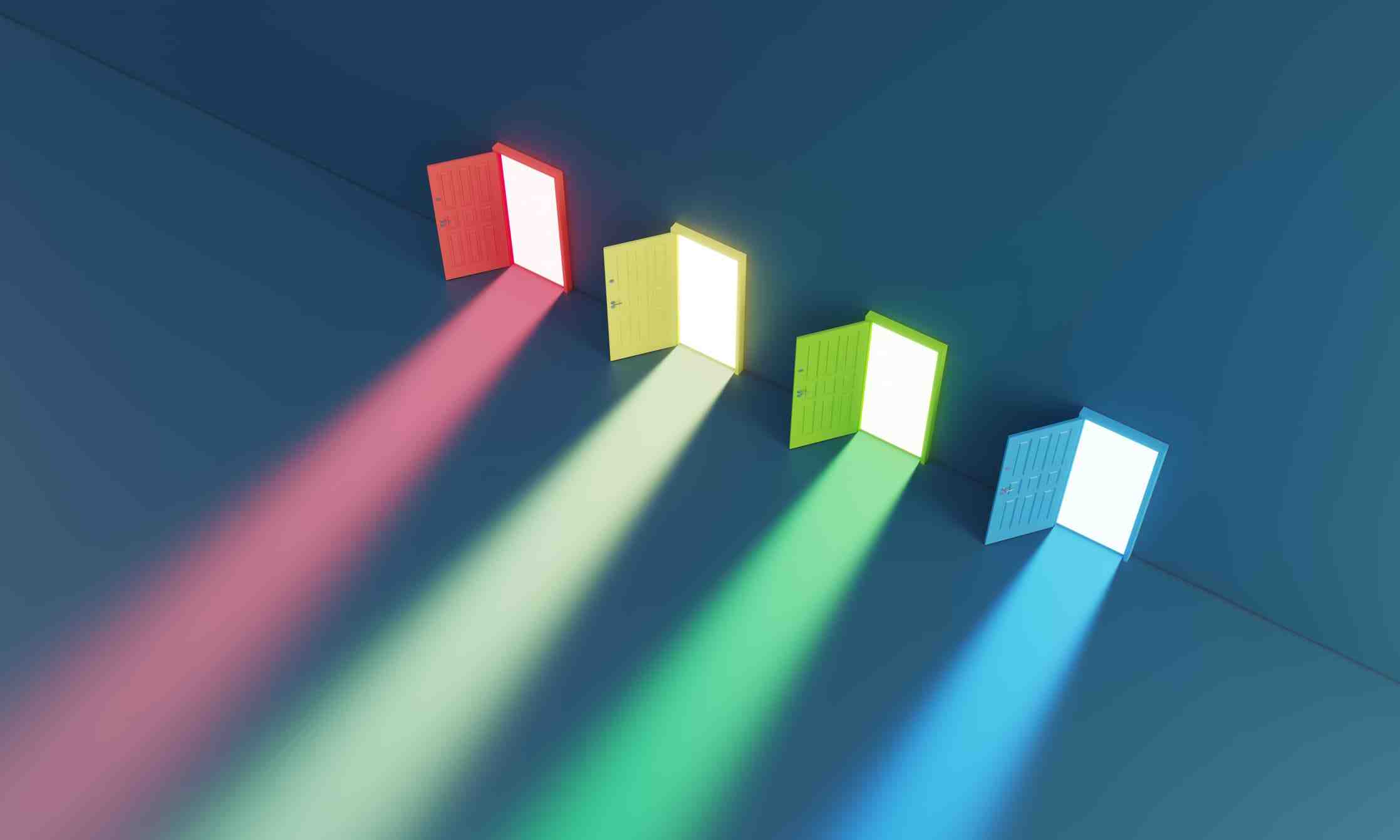 image of five brightly lit colored doors on a blue wall, each slightly open and projecting a beam of light, used to represent the multiple strategic paths in b2b inbound marketing and the importance of choosing the right agency and approach for complex technical buying journeys