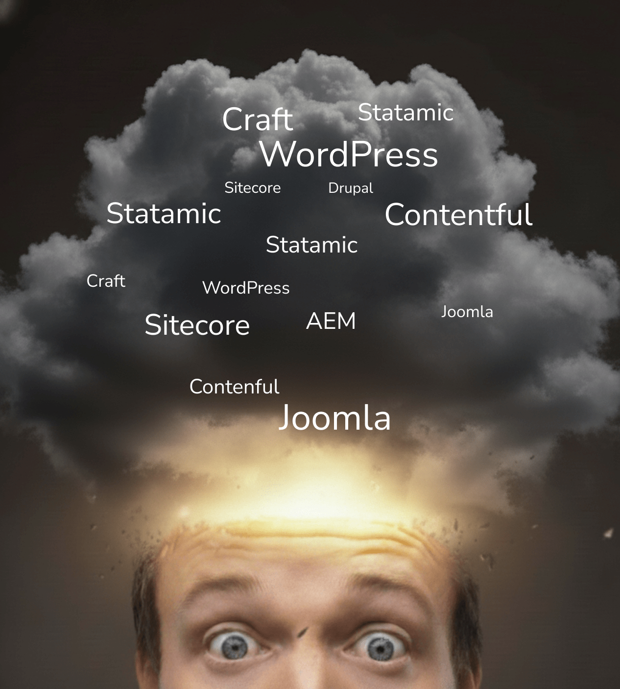Man with exploding head from evaluating cms platforms