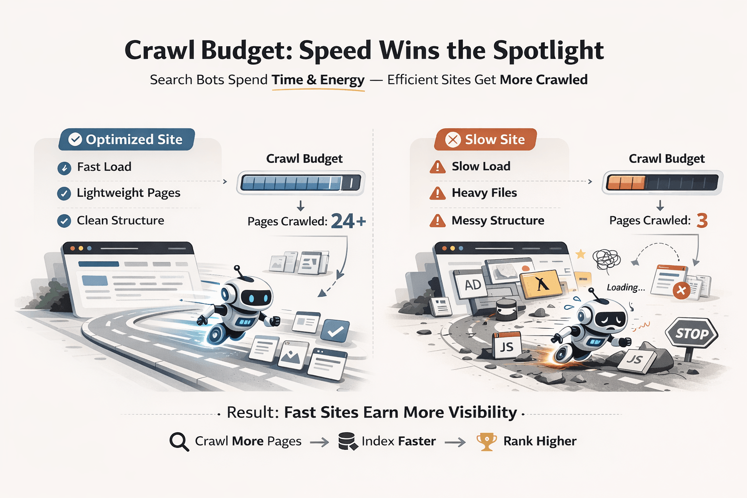 infographic comparing crawl budget usage between an optimized site and a slow site. the optimized site features fast load, lightweight pages, and clean structure, resulting in 24+ pages crawled. The slow site has slow load, heavy files, and messy structure, resulting in only 3 pages crawled.  robot illustration shows a bot running freely on the optimized side versus struggling on the slow side. the conclusion states that fast sites crawl more pages, index faster, and rank higher