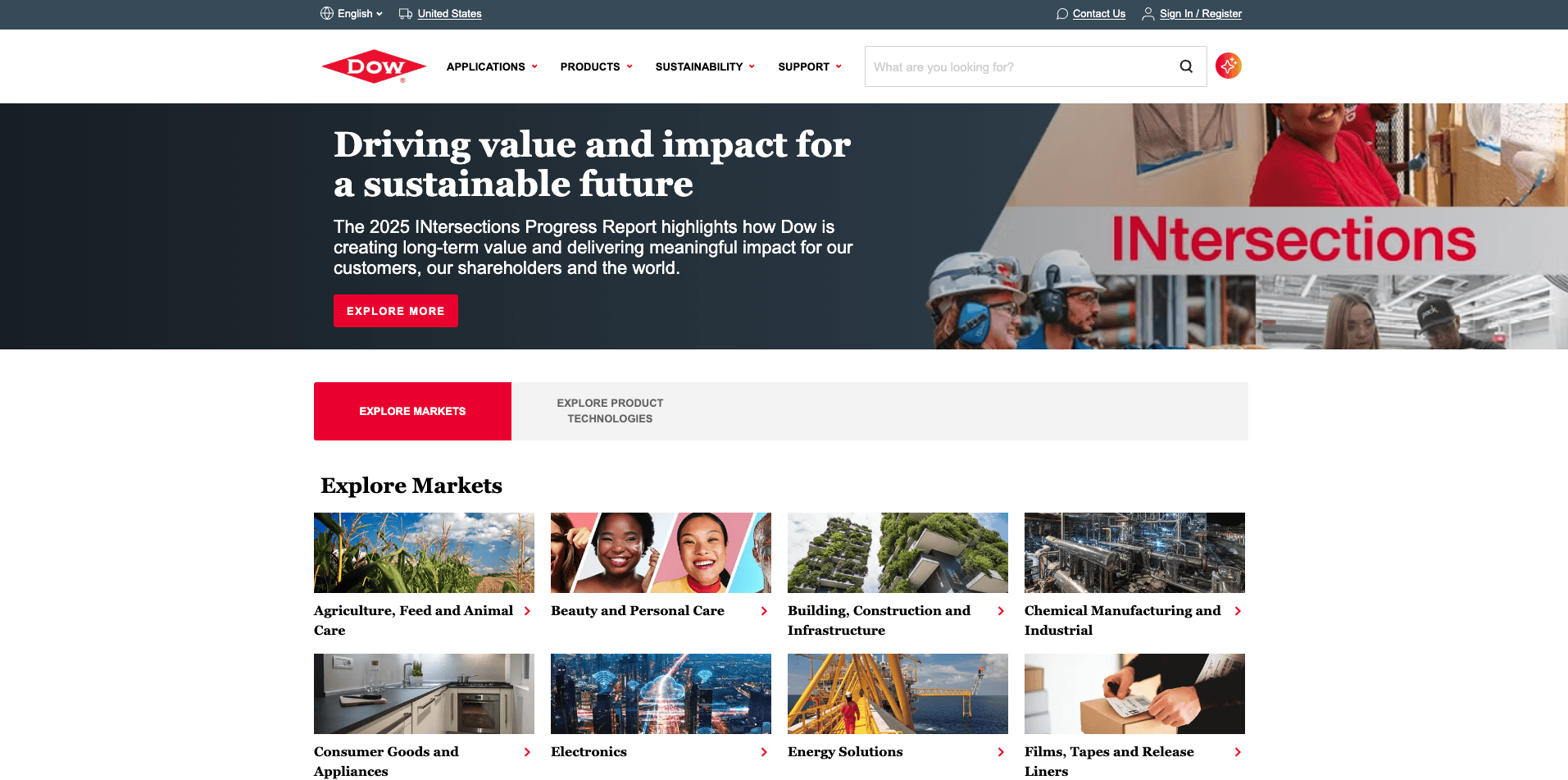 Dow homepage showing industry market segmentation navigation and outcome-focused messaging