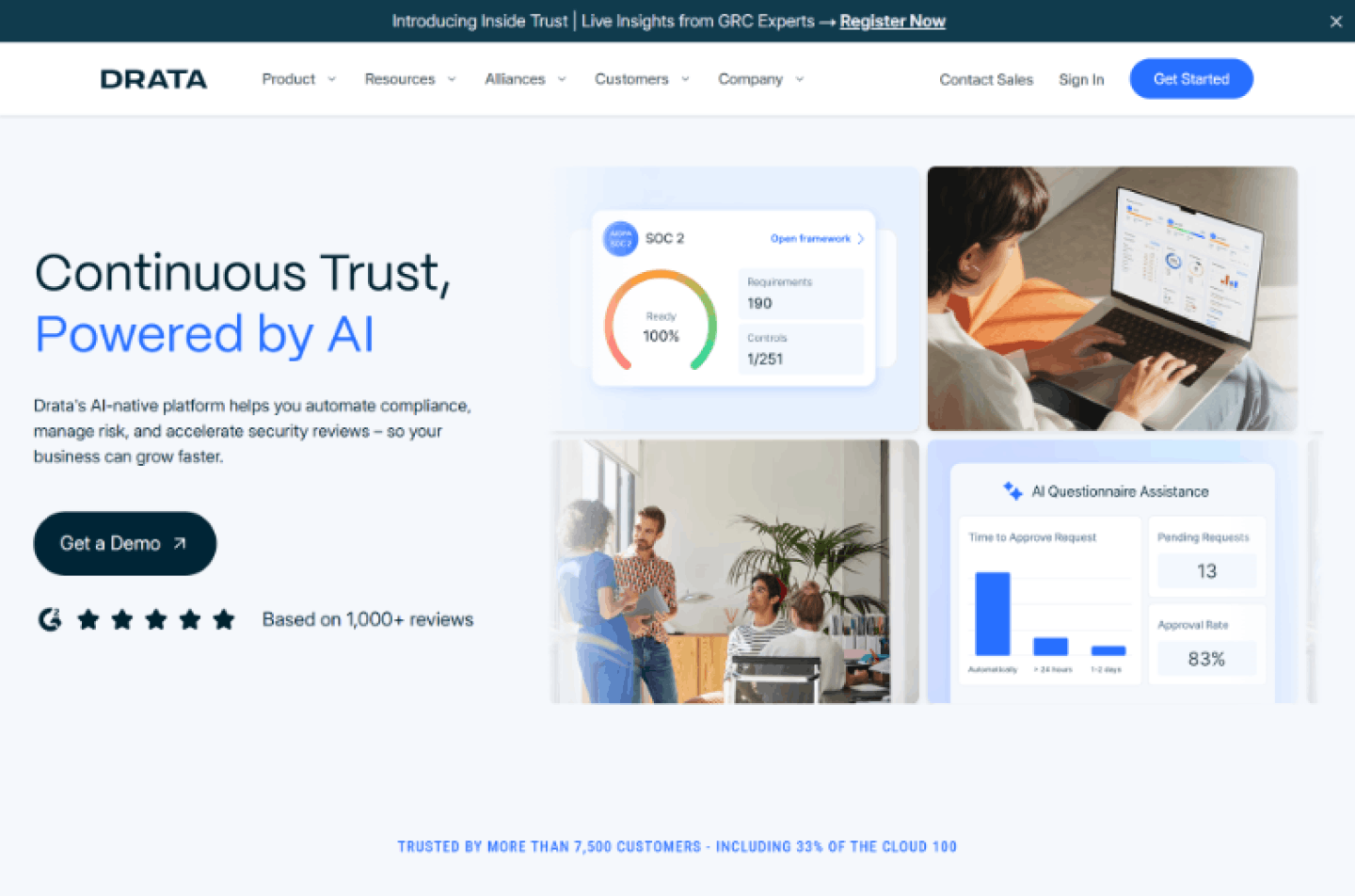 Drata’s homepage surfaces compliance information based on industry context.
