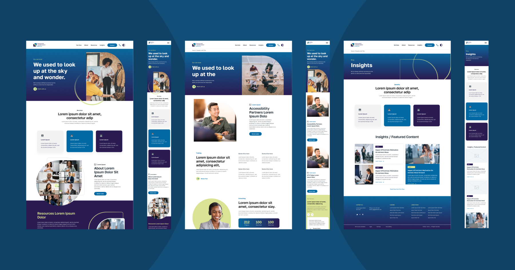 Collection of mockups for different pages of the etc website