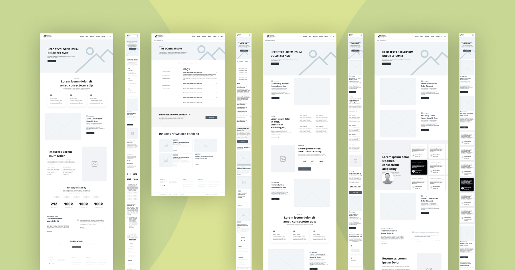 Collection of wireframes for different pages of the etc website