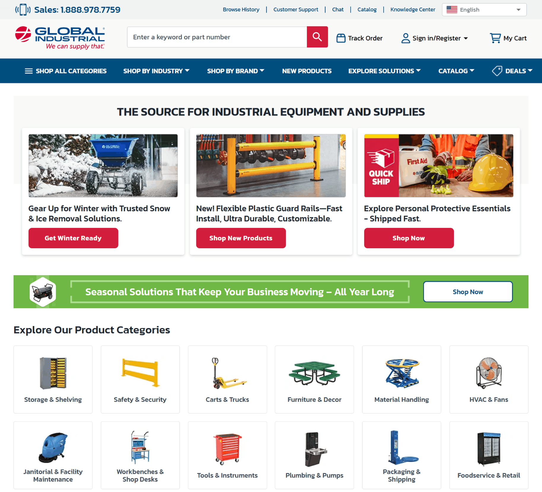 global industrial homepage showing category navigation, seasonal promotions, and product tiles across major mro segments.