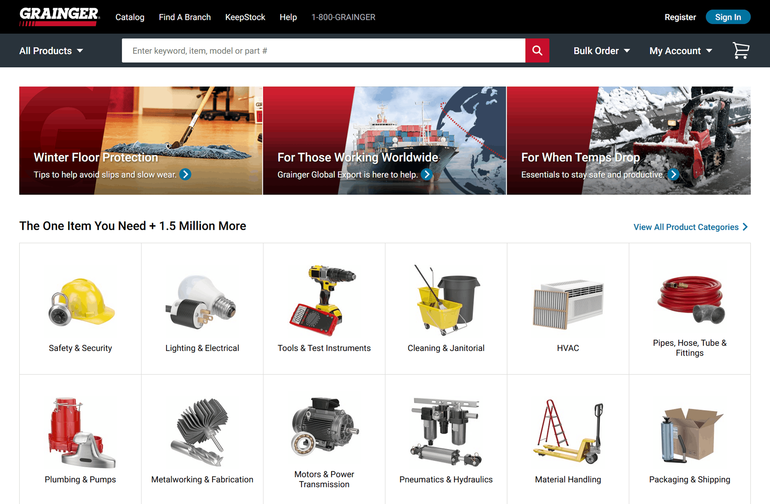 grainger’s e-commerce homepage displays a clean, organized interface showcasing major product categories and a robust search function that reflects its extensive industrial supply catalog