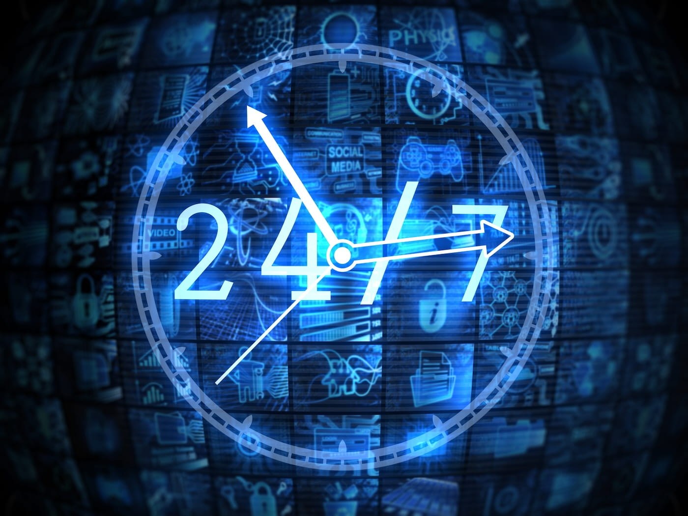 conceptual illustration showing a 24/7 clock or continuous cycle to represent inbound marketing as an always‑on system: marketing viewed as a revenue driver, the website functioning as a round‑the‑clock sales resource, close sales‑marketing alignment, and ongoing optimization based on data