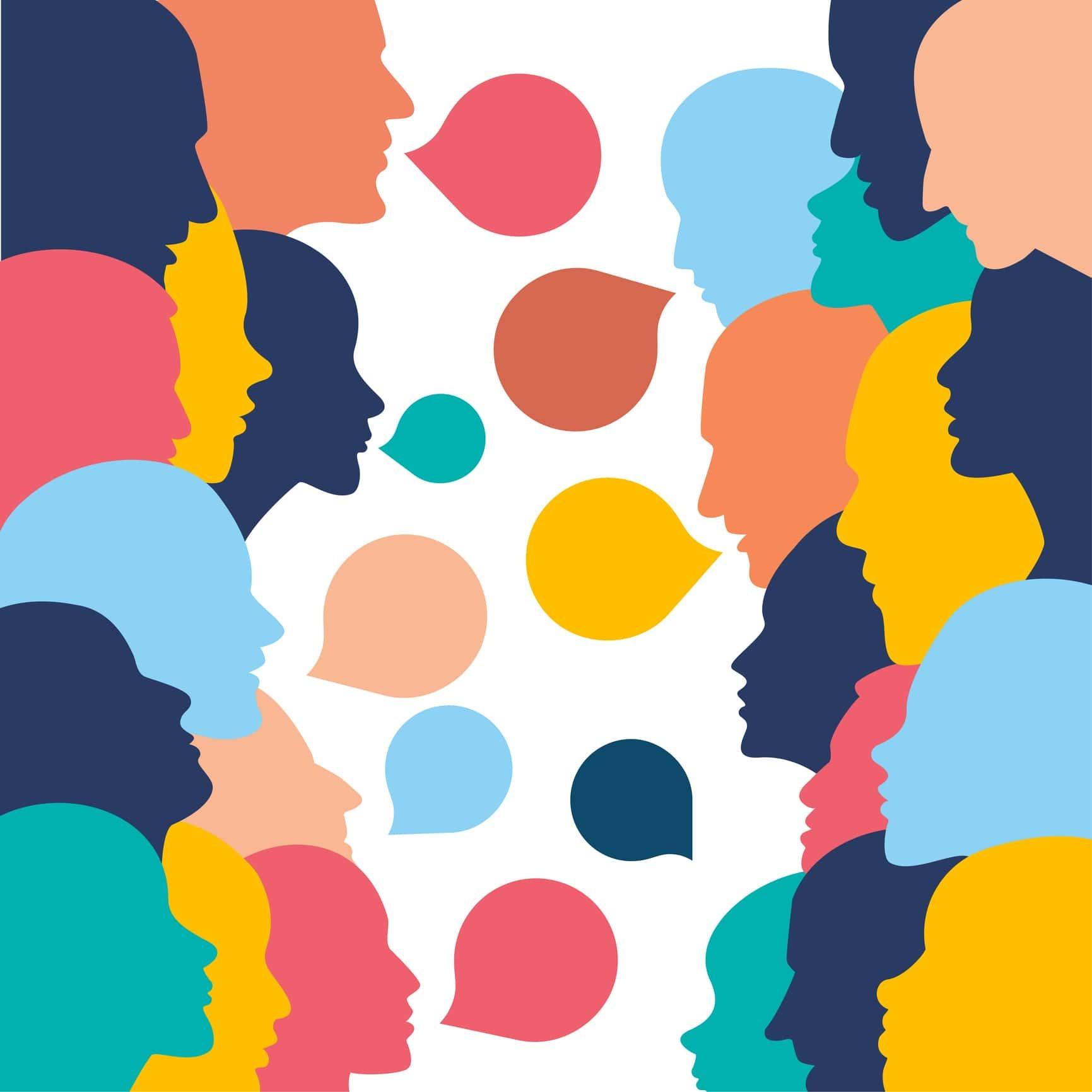 Stylized human profiles and speech bubbles illustrate voice and tone as a strategic asset for industrial brand alignment and stakeholder trust