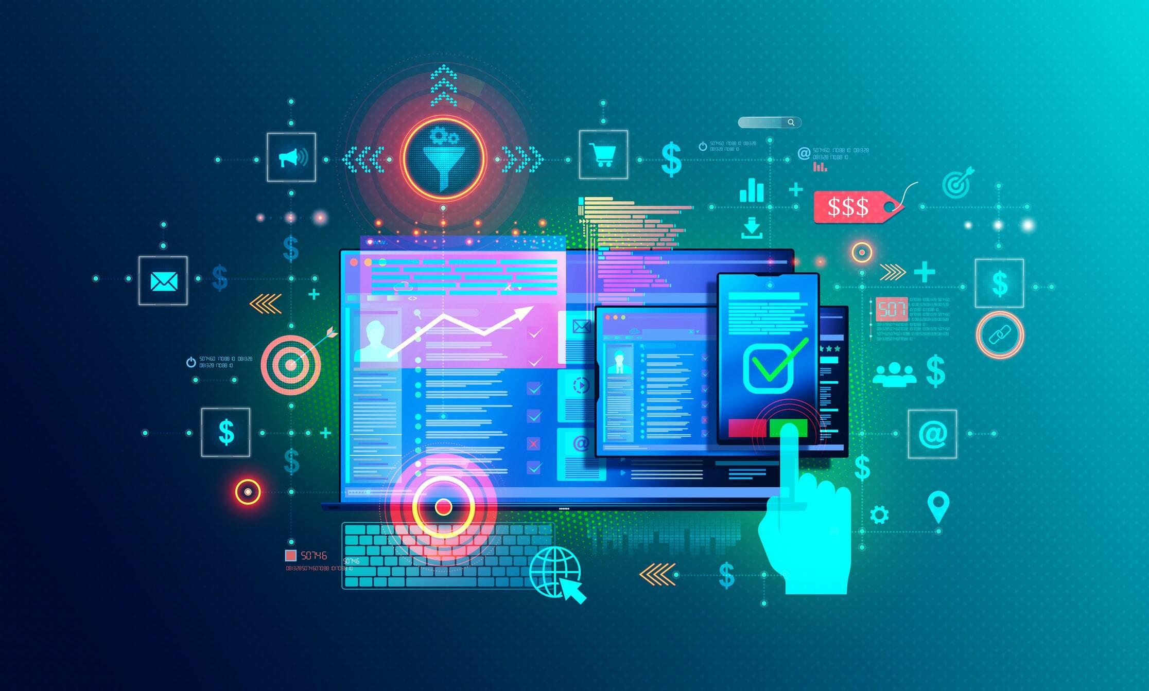 Concept image representing industrial website development featured a laptop mobile device and icons