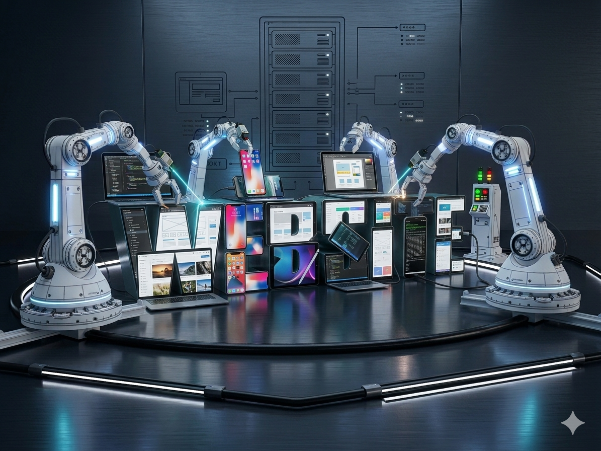 illustration of automated robotic arms constructing the word Website built out of computing devices such as laptops smartphones and tablets
