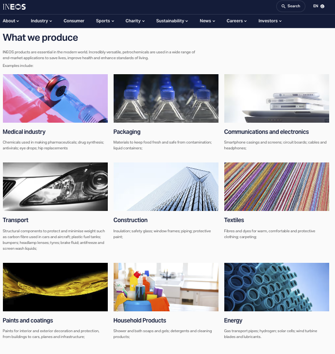 Page featuring industries served