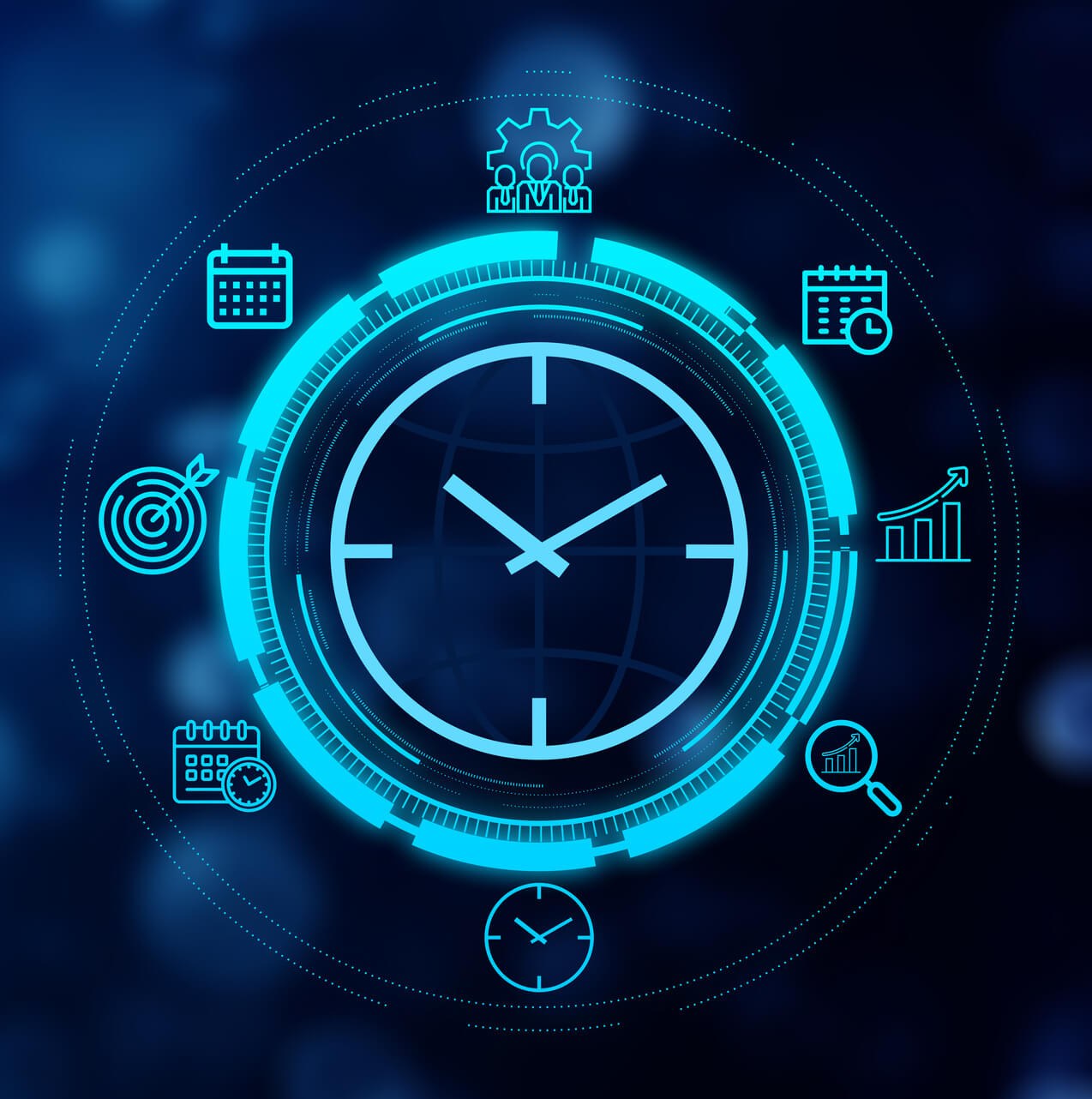 abstract illustration of a clock surrounded by planning and data icons, representing fast comprehension and structured information flow