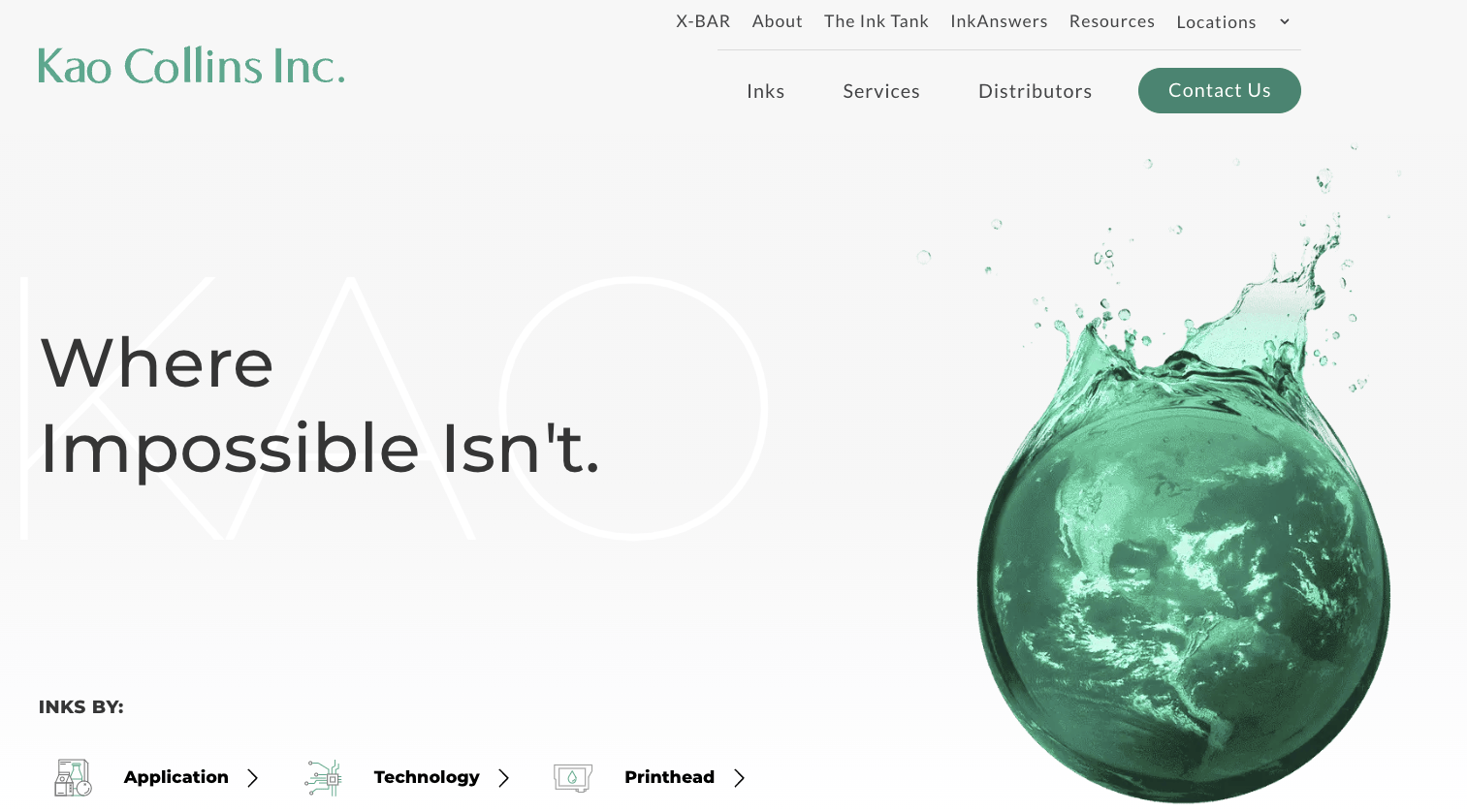 homepage of Kao Collins showing the company name, primary navigation, the headline “Where Impossible Isn’t,” and a large green fluid‑splash graphic beside icons for application, technology, and printhead