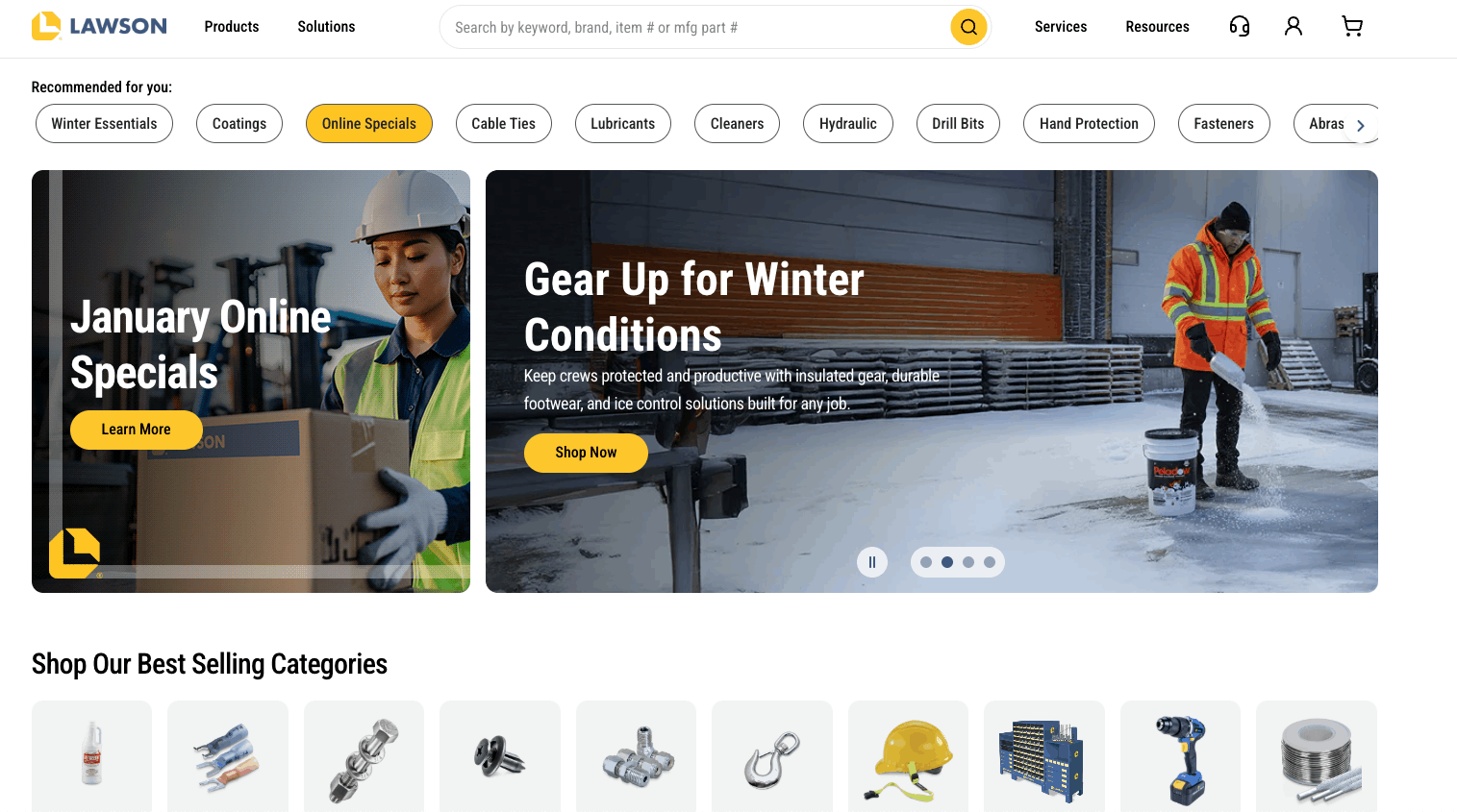 lawson products homepage showing category links, promotional banners, and featured product icons for common mro items.