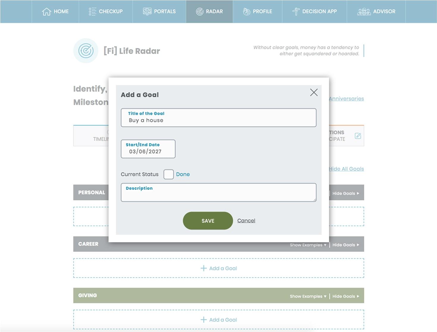 Adding a goal in the life radar tool