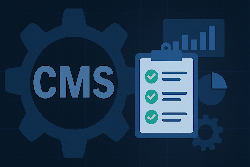 Illustration representing enterprise CMS selection, featuring a gear labeled CMS and a clipboard checklist with green checkmarks. icons in the background symbolize analytics and performance metrics supporting a business case for investing in a content management system