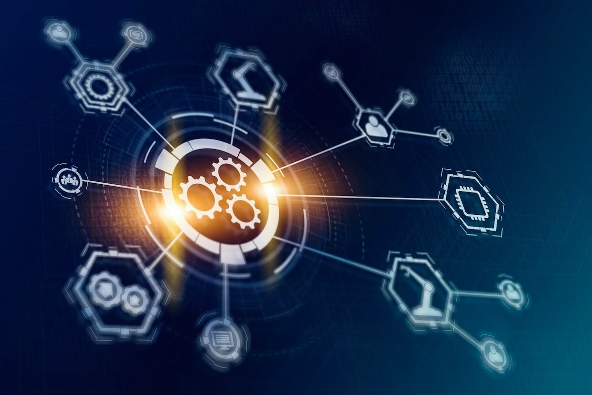 Gears and icons representing marketing automation