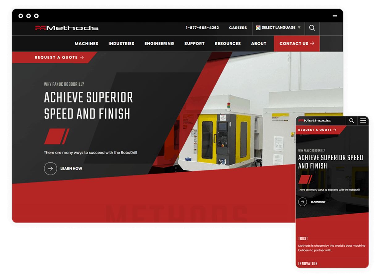 Methods Machine home page in both a desktop window and a mobile screen
