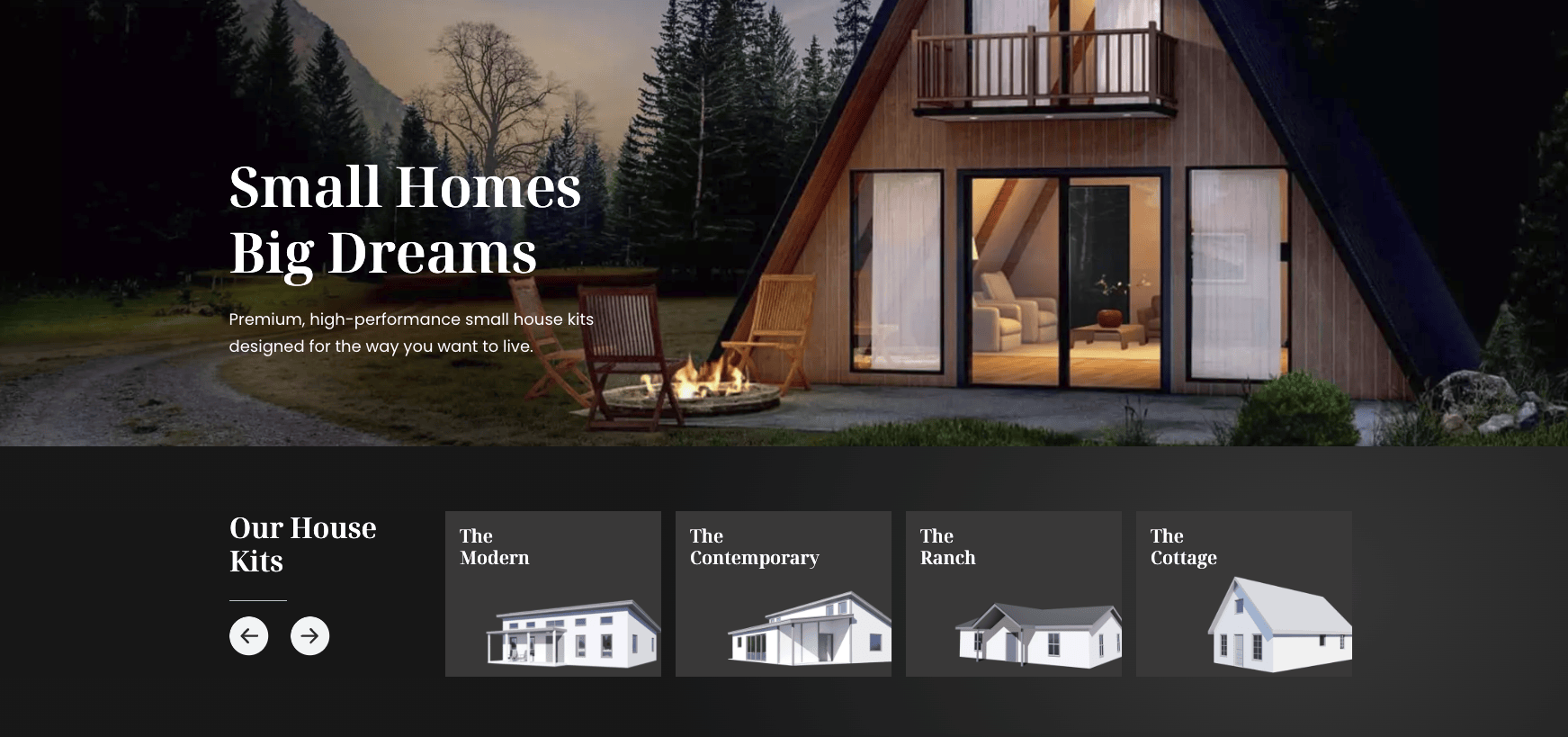 homepage section for Mighty Small Homes showing the brand name, a small modern home in a wooded setting, and service categories including CMS development, web design, UX/UI design, SEO optimization, and marketing