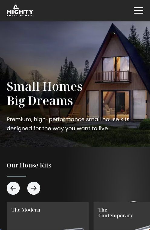 mobile version of the Mighty Small Homes website homepage showing how responsive design renders headline messaging on a mobile device