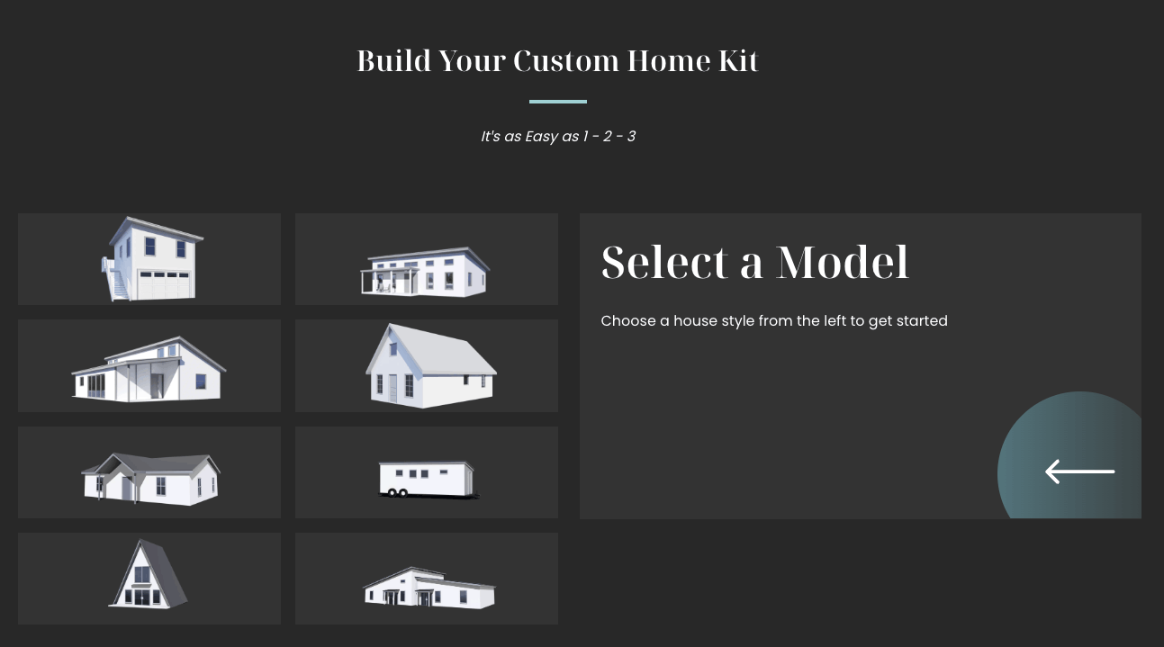 landing page of mighty small homes kit pricing calculator
