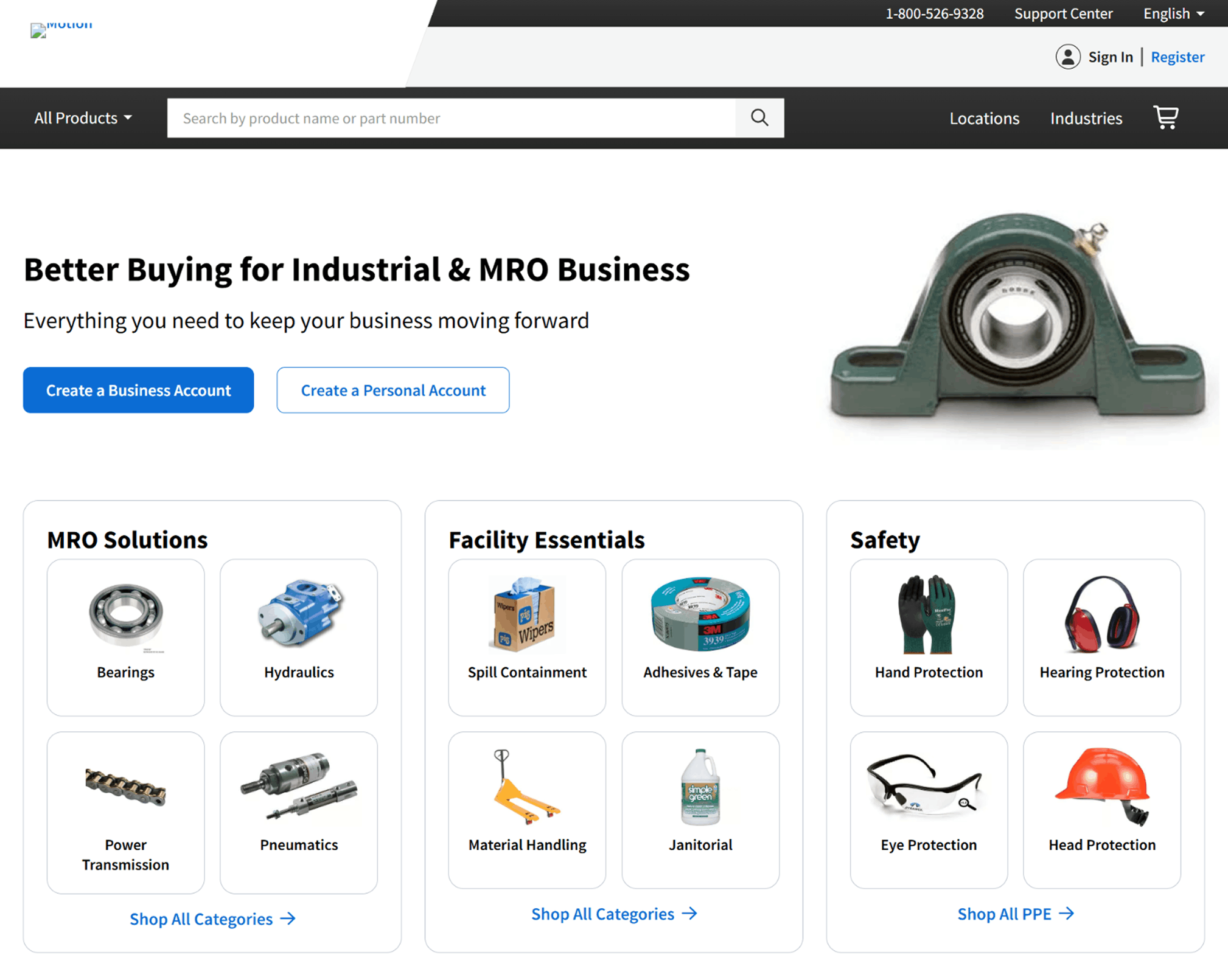 motion homepage showing updated visuals, product categories, and clear calls to create business or personal accounts