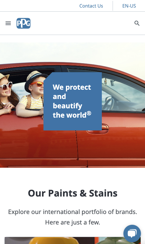 Ppg chemical home page on mobile devices.