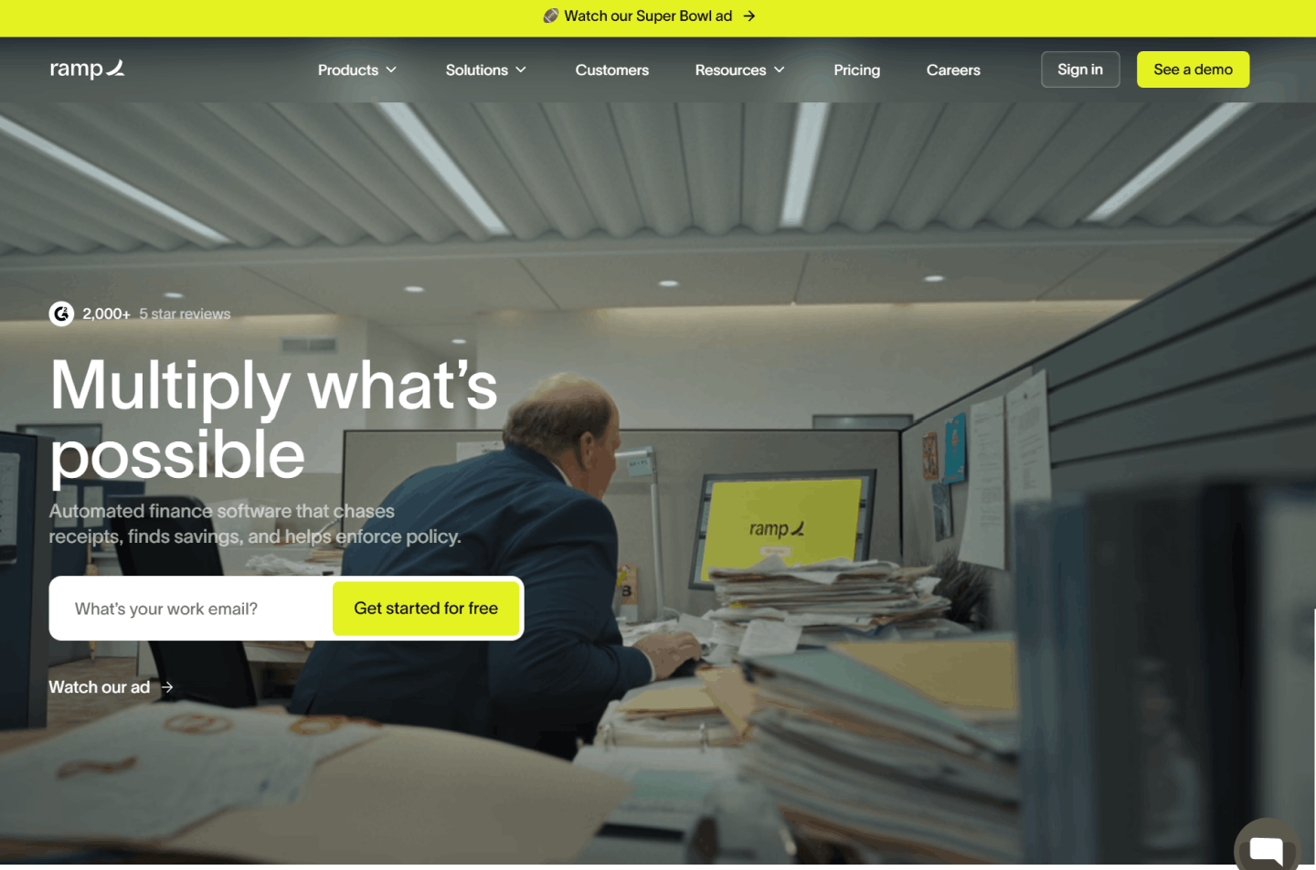 Ramp’s homepage features a savings calculator that prepopulates estimated company spend.