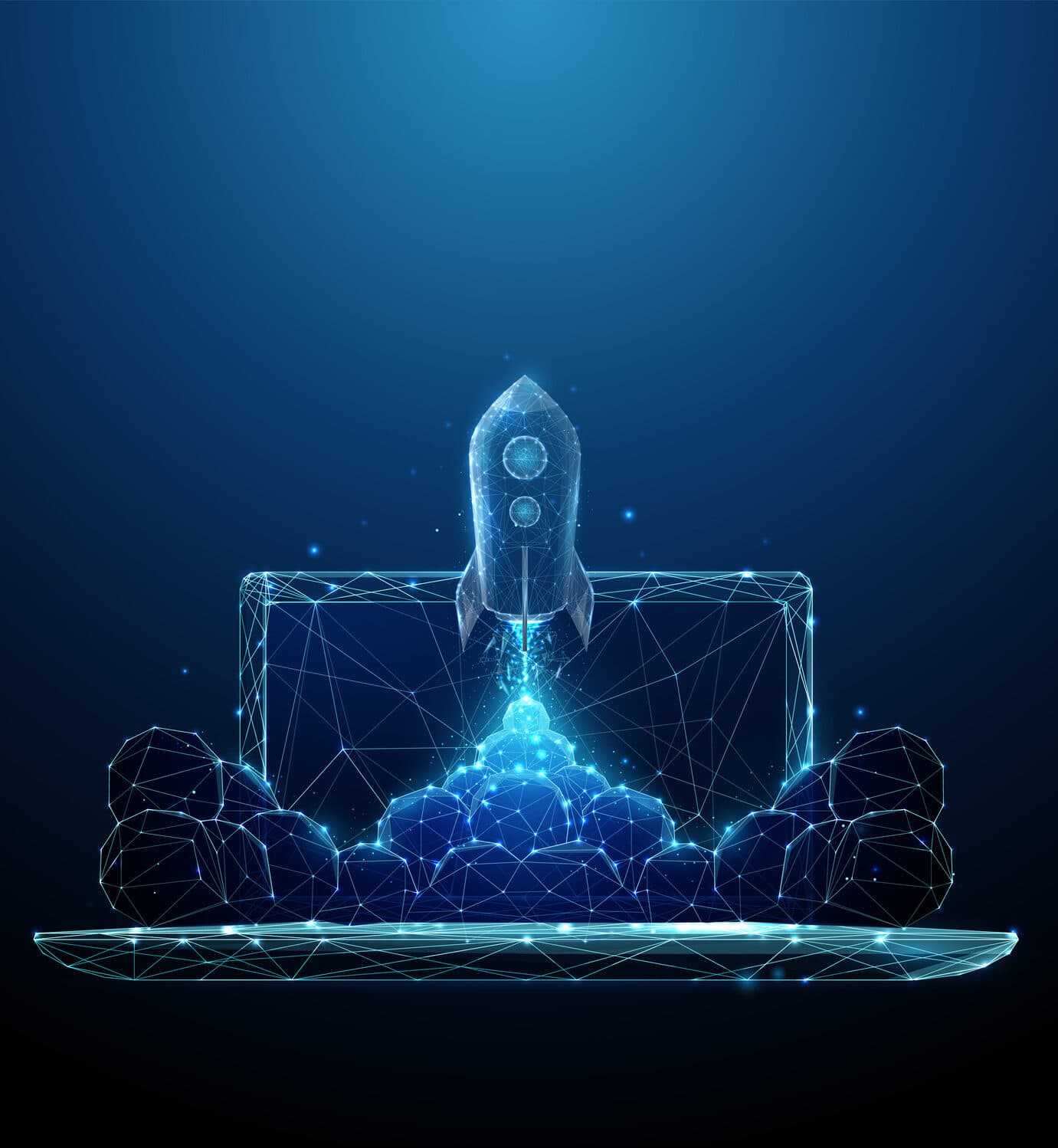 wireframe rocket launching from a laptop screen, representing digital acceleration and upward performance