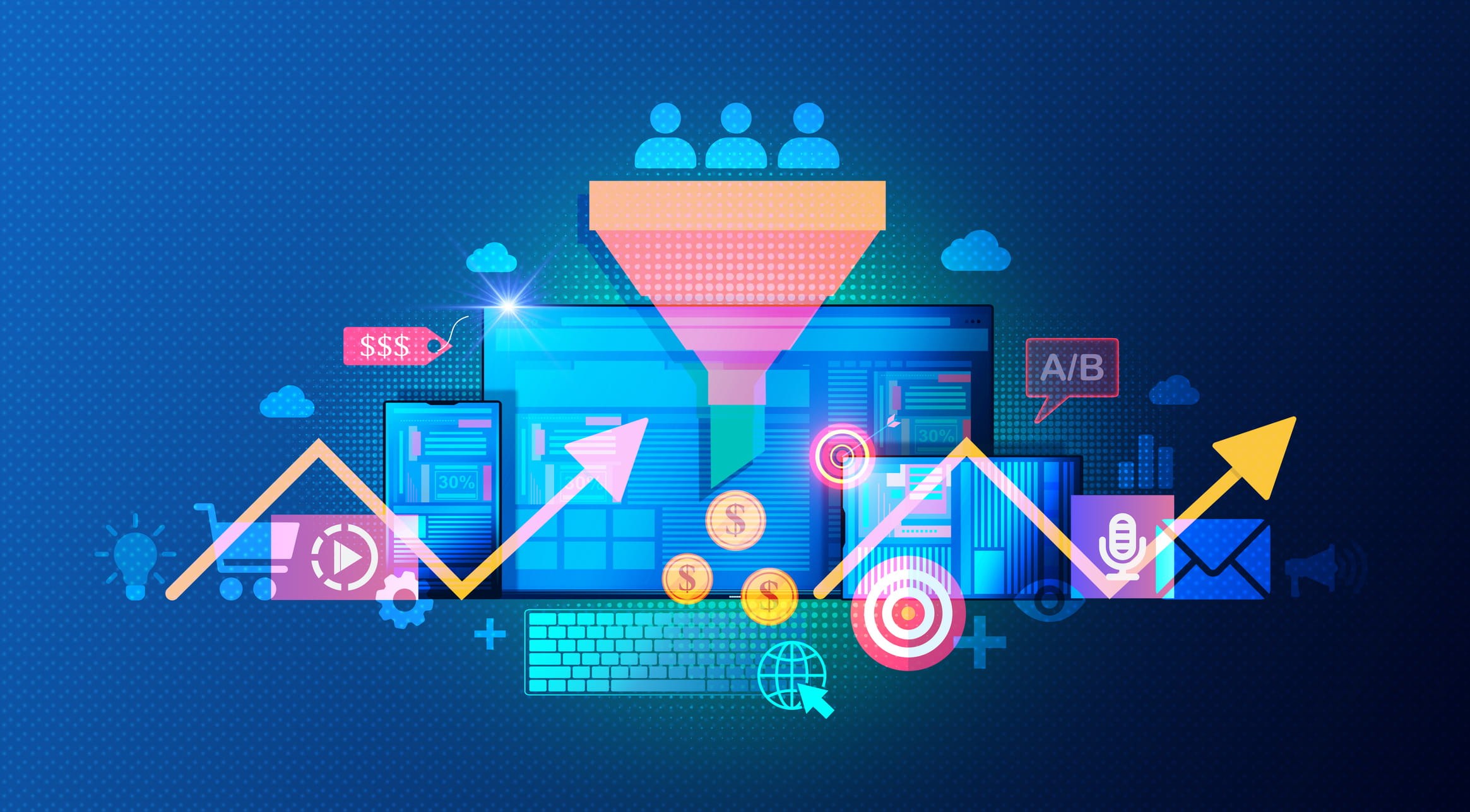 digital illustration of a SaaS marketing funnel showing users entering the top and converting to revenue at the bottom, surrounded by icons for A/B testing, analytics, pricing, and digital UX elements. The design represents SaaS website optimization, conversion funnels, and growth through improved user experience