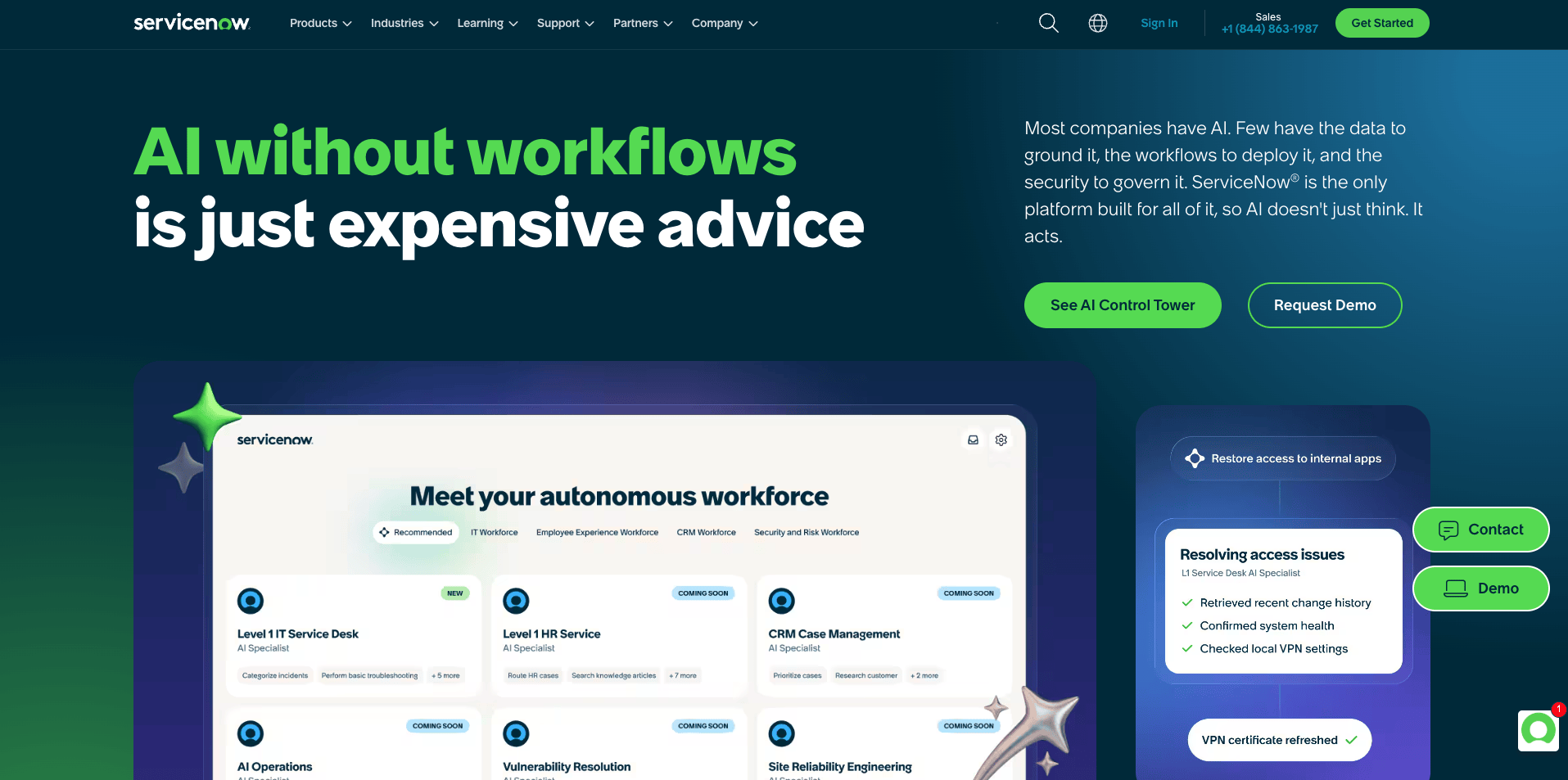 ServiceNow homepage with bold value proposition headline and AI workflow platform UI preview