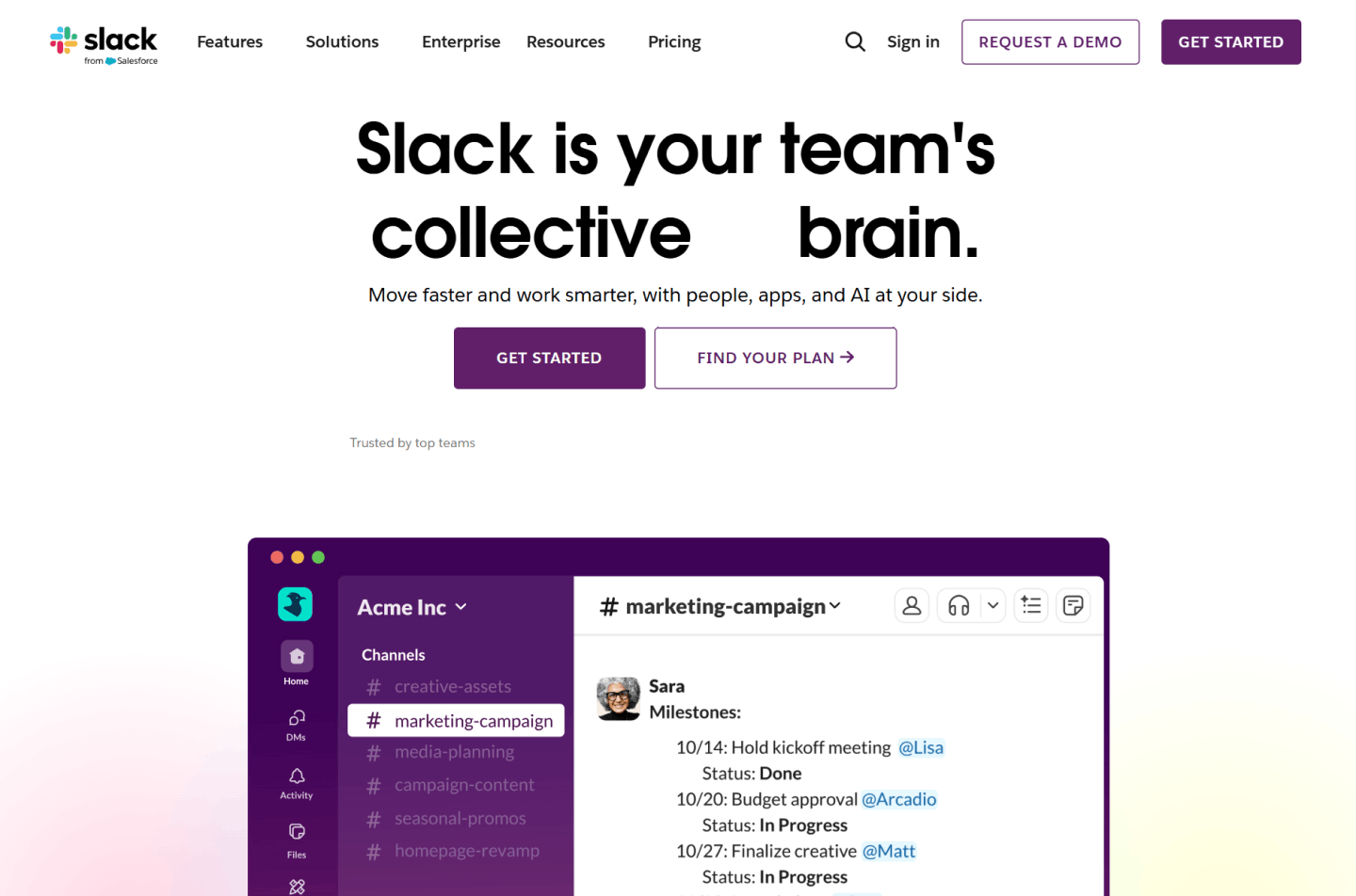 Slack’s homepage features an interactive workspace preview that lets visitors experience the product within seconds.