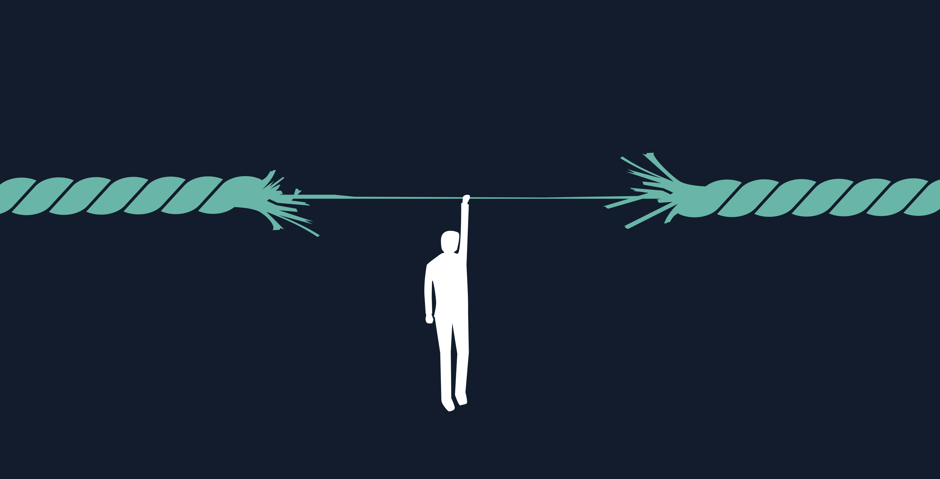 Silhouette of a person hanging from a fraying red rope, symbolizing fragile trust and the risk of systems failing under strain