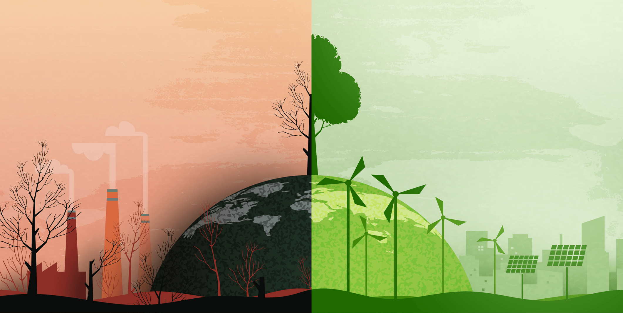 a divided Earth showing a polluted industrial landscape on one side and a green renewable-energy city on the other representing digital sustainability and lower carbon emissions
