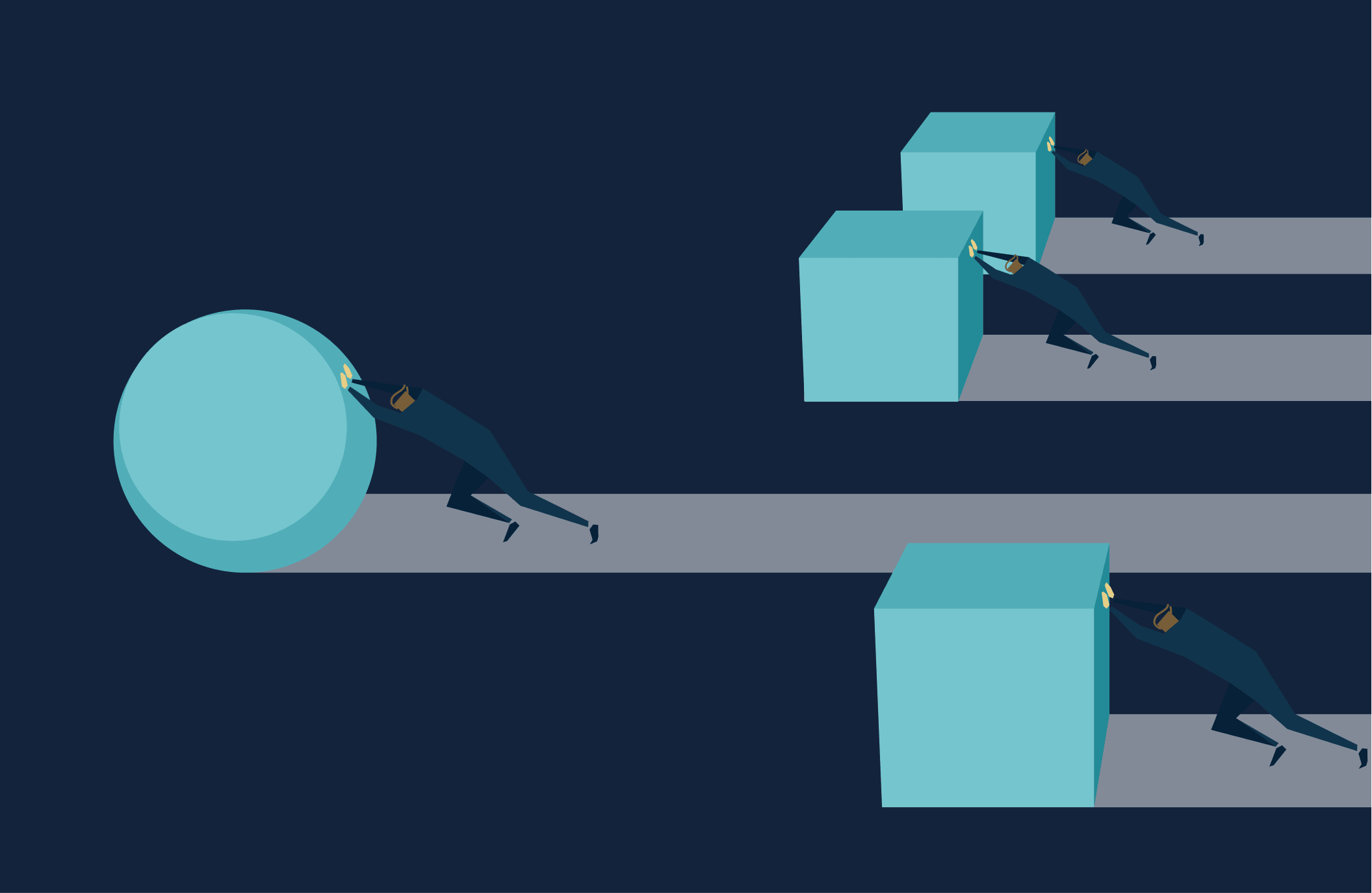 illustration of people pushing a heavy cube while another moves a smooth sphere symbolizing inefficient versus efficient systems and performance
