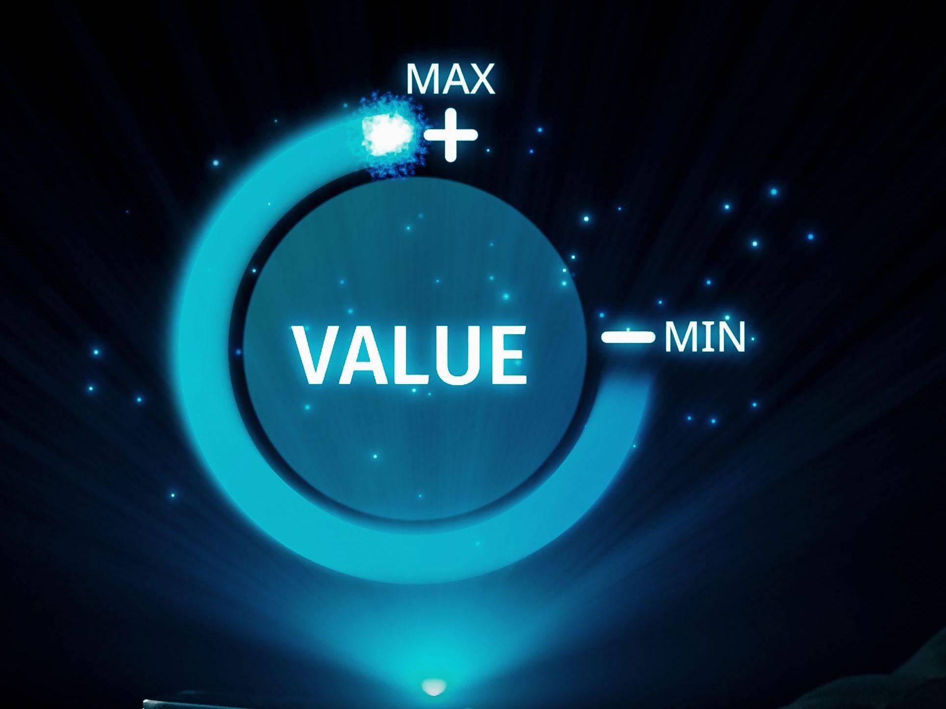 glowing circular gauge labeled value showing a scale from minimum to maximum