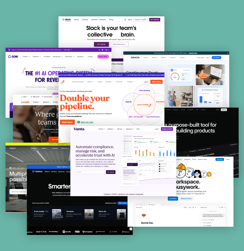 composite image showing homepage screengrabs from slack hubspot gong linear ramp notion drata vanta webflow and chili piper b2b saas websites that highlight interactive demos adaptive navigation benchmark tools roi calculators role based content trust signals compliance checklists live editors and one click scheduling