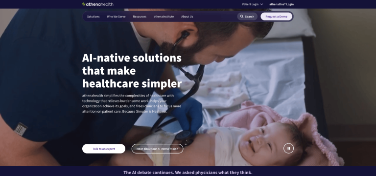 athenahealth homepage with streamlined navigation that helps visitors quickly identify relevant solutions, audiences, and resources