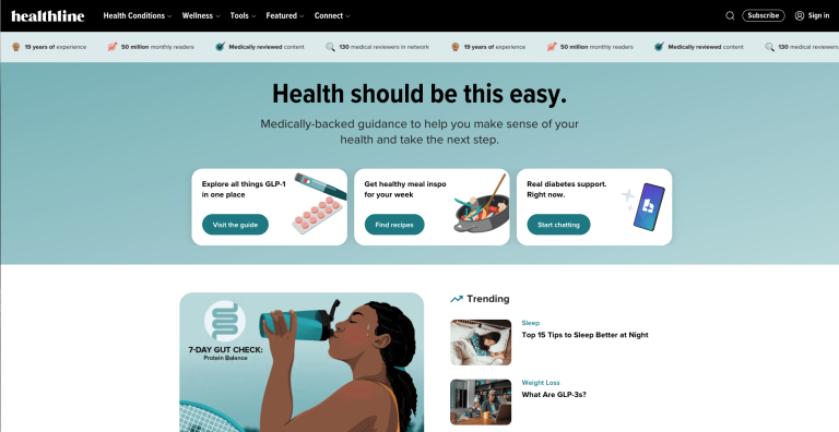 healthline homepage displaying medically reviewed content and years of experience badges above the main navigation