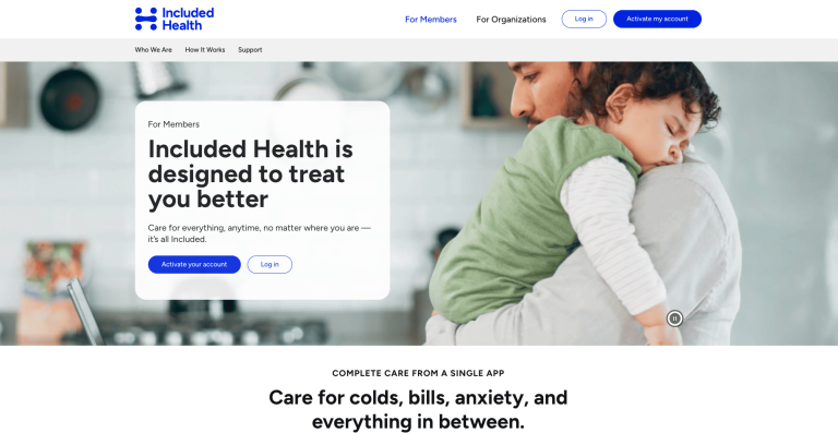 included health homepage with a simple member-focused message and clear activate account and login options