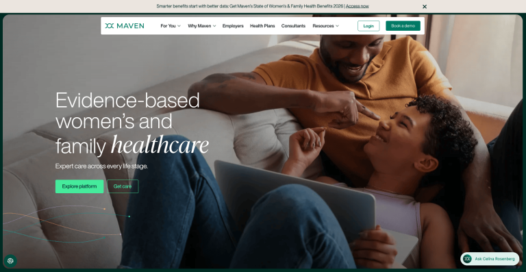 maven clinic homepage with candid photography of a family on a couch instead of generic stock healthcare imagery